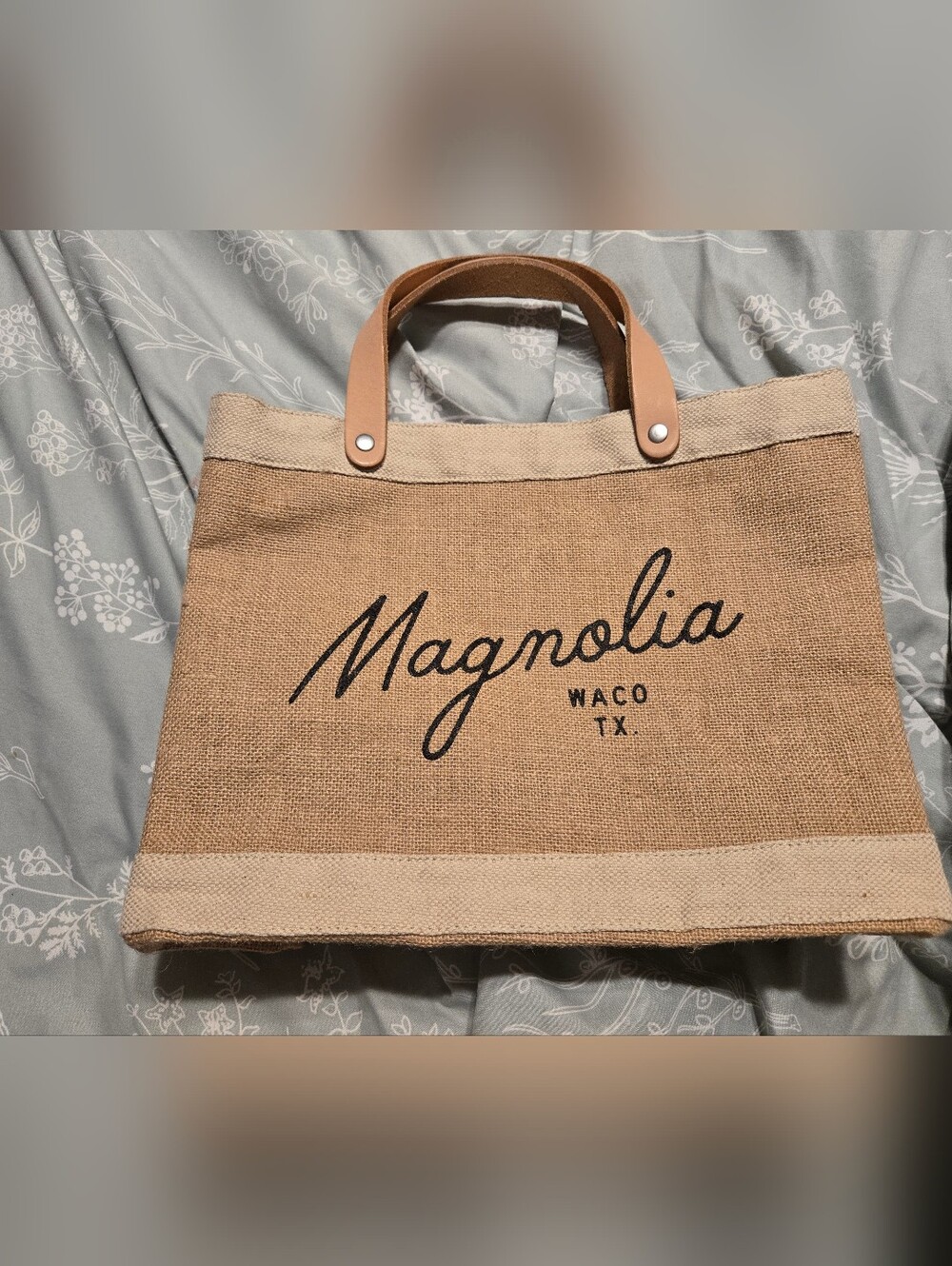 Magnolia Script Market Natural Jute Tote Bag